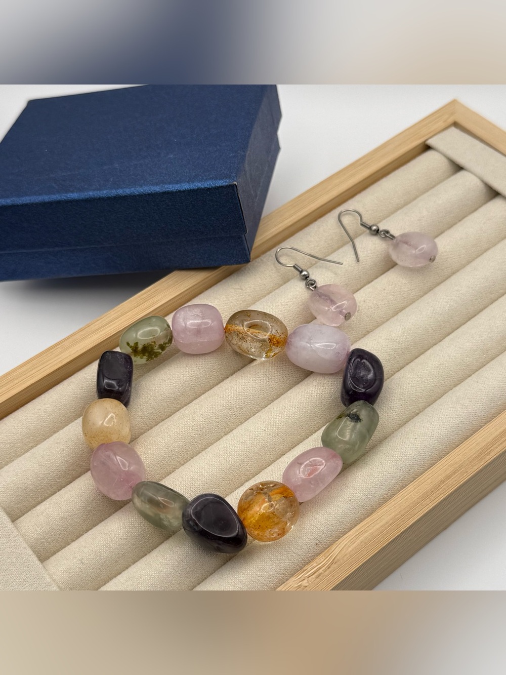 Multicolor Polished Gemstone Beaded Necklace with Matching Earrings